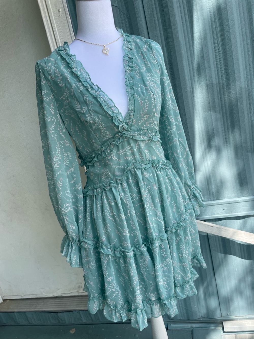 Light Teal Floral Ruffle Tiered Long-Sleeve Dress